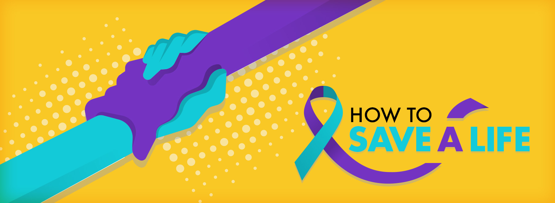 Illustration of purple hand pulling up to save a teal hand in the colors of suicide prevention